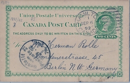 1892 , CANADÁ , ENTERO POSTAL CIRCULADO , HAMILTON - BERLIN , TRÁNSITO DE LONDRES AL DORSO , LLEGADA - 1860-1899 Victoria