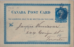 1875 , CANADÁ , ENTERO POSTAL  CIRCULADO , BELLVILLE - TORONTO , LLEGADA AL DORSO - 1860-1899 Reinado De Victoria