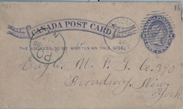 1886 , CANADÁ , ENTERO POSTAL  CIRCULADO , ST. THOMAS - NUEVA YORK , LLEGADA - 1860-1899 Reign Of Victoria