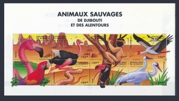 DJIBOUTI 2000 SHEET WILD ANIMALS ANIMAUX SAUVAGES APES MONKEYS BIRDS PARROTS FLAMANTS SNAKES REPTILES AUTRUCHE MNH - Flamingo