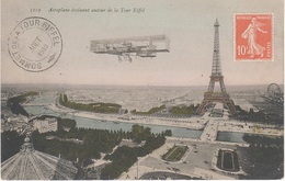 CPA AK Paris Aeroplane Evoluant Autour Tour Eiffel Champ De Mars Trocadero Biplan Vue Aérienne Cachet Timbre Sommet 1910 - Paris Airports