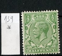 Grande Bretagne - Great Britain - Großbritannien 1912-22 Y&T N°139 - Michel N°127 * - 0,5p George V - Ungebraucht