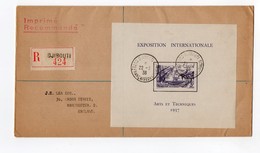 !!! PRIX FIXE : LETTRE RECO DE DJIBOUTI TARIF IMPRIME, AFFRANCHIE BLOC FEUILLET EXPOSITION 1937 - Covers & Documents