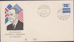 1958. Flag. 3,50 Kr. REYKJAVIK 16. IX. 63. VICE-PRESIDENT LYNDON B. JOHNSON IN ICELAN... (Michel 327) - JF310164 - Storia Postale