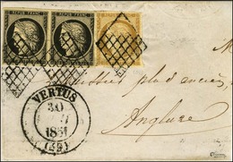 Grille / N° 1 + 3 Paire Càd T 13 VERTUS (49) 30 MAI 1851 Sur Lettre Incomplète Adressée En Double Port à Anglure. Except - 1849-1850 Cérès