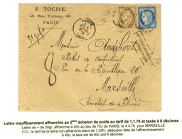 Càd PARIS (60) / N° 55 + 60 Sur Lettre Insuffisamment Affranchie Au 2e échelon Taxée 8 Au Tampon. 1876. - TB. - R. - 1871-1875 Cérès