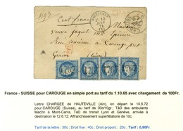 GC 1767 / N° 60 Bande De 3 + 1 Ex. Càd T 16 HAUTEVILLE (1) Sur Lettre Chargée Pour Carouge (Suisse) Càd D'arrivée Au Rec - 1871-1875 Ceres