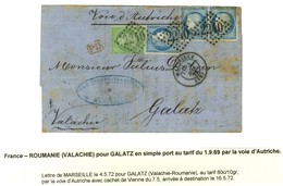GC 2240 / N° 20 + 60 (3, Qlq Rousseurs) Càd MARSEILLE (12) Sur Lettre Pour Galatz (Valachie), Au Verso Càd De Passage WI - 1871-1875 Ceres