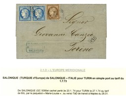 GC 5095 / N° 60 Paire + Càd SALONIQUE / TURQUIE / N° 58 (def) Sur Lettre Pour Turin. 1874. - TB. - 1871-1875 Ceres