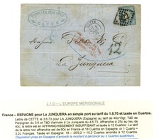 GC 822 / N° 60 Càd T 17 CETTE (33) Sur Lettre Insuffisamment Affranchie Pour La Junquera Taxée 12 Cuartos Au Tampon Bleu - 1871-1875 Cérès