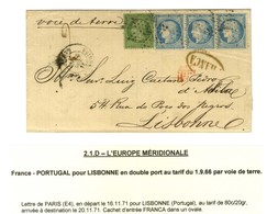 Etoile 4 / N° 20 + 60 Bande De 3 Càd PARIS / R. D'ENGHIEN Sur Lettre 2 Ports Pour Lisbonne Par La Voie De Terre.1871. -  - 1871-1875 Ceres