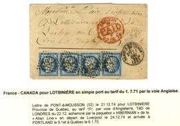 GC 2924 / N° 60 Bande De 4 Càd T 16 PONT-A-MOUSSON (52) Sur Lettre Pour Lotbiniere (Québec). 1874. - TB. - R. - 1871-1875 Ceres