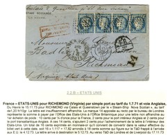 GC 1769 / N° 60 Bande De 4 Càd T 17 LE HAVRE (74) Sur Lettre Insuffisamment Affranchie Pour Richmond (Virginie Etats-Uni - 1871-1875 Ceres