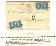 Etoile 22 / N° 60 2 Paires Càd PARIS / R. TAITBOUT Sur Lettre Pour Guadalajara, Au Recto Taxe 2 Pour Le Tarif Intérieur. - 1871-1875 Cérès