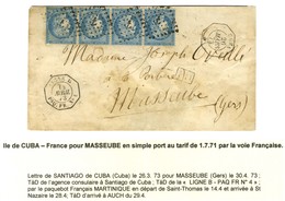 Ancre / N° 60 (bande De 4, 1 Ex. Leg Def) Càd Octo CUBA / * Sur Lettre Pour Masseube (Gers), Au Recto Càd Octo LIGNE B / - 1871-1875 Cérès