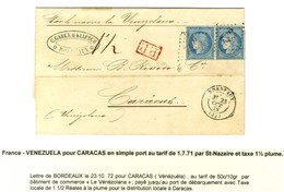 GC 532 / N° 60 Paire, 1 Ex. Pd Càd T 17 BORDEAUX (32) Sur Lettre Pour Caracas Par La Voie De St Nazaire, Au Recto Taxe 1 - 1871-1875 Ceres