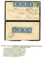 TP Uruguay 10 Centesimos Vert + Ancre / N° 60 Type II 2 Bandes De 4 (celle Au Verso Avec TP Massicotés Dans La Marge Inf - 1871-1875 Ceres