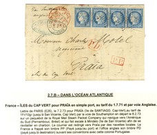 Etoile 26 / N° 60 Bande De 4 Càd PARIS / GARE DU NORD Sur Lettre Pour Praïa (Îles Du Cap-Vert), Au Recto Càd De Passage  - 1871-1875 Cérès