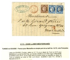 GC 5015 / N° 58 + 60 (2) Càd Rouge TUNIS-BÔNE / ALGÉRIE Sur Lettre De Tunis Pour Marseille. 1874. - TB / SUP. - 1871-1875 Cérès