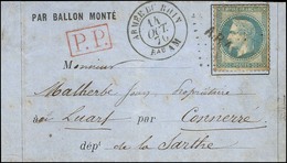 Losange ARAM / N° 29 Càd ARMÉE DU RHIN / Bau AM 14 OCT. 70 + P.P. (R) Sur Lettre PAR BALLON MONTÉ Pour Connerré, Au Vers - Guerra De 1870