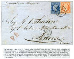 Càd QUIRINAL / * 21 JANV. 9 (dateur Inversé) / N° 14 + 16 Sur Lettre Avec Texte Daté De Marseille Le 20 Janvier 1859 Pou - Schiffspost