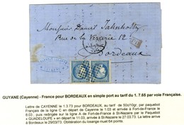 Losange / CG N° 23 Paire Càd GUYANE / CAYENNE Sur Lettre Pour Bordeaux. 1873. - TB. - R. - Maritieme Post