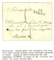 Lettre Avec Texte Daté De Fort Royal Le 15 Septembre 1816 Pour Rennes. Au Recto, Marque Postale D'entrée 28 / BREST. - S - Posta Marittima