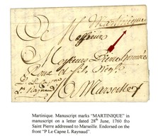 Lettre Avec Texte Daté De Saint Pierre De La Martinique Le 28 Juin 1760 Pour Marseille. Au Recto, Marque Postale Manuscr - Maritime Post