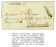 Lettre Avec Texte Daté De Prêcheur Le 1er Juillet 1820 Pour Marseille. Au Recto, Marque Postale MARTINIQUE (J. N° 12) Et - Maritime Post