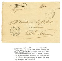 Enveloppe Sans Texte Adressée à Saint Pierre De La Martinique. Au Recto, Très Rare Marque Postale Encadrée TRINITE Et Da - Maritime Post