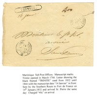 Enveloppe Sans Texte Adressée à Saint Pierre De La Martinique. Au Recto, Très Rare Marque Postale Encadrée TRINITE Et Da - Maritieme Post