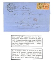 Losange / Col. Gen. N° 3 + 5 Grand Càd ST PIERRE MARTINIQUE / * 28 MARS 1863 Sur Lettre Avec Texte Pour Agen Ayant Empru - Maritime Post