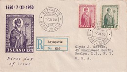 ISLANDE 1950 FDC REOMMANDE DE REYKJAVIK AVEC CACHET ARRIVEE NEW YORK - Covers & Documents
