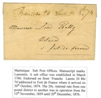 Lettre Avec Texte Daté Du Lamentin Le 26 Octobre 1874 Pour Fort De France. Au Recto, Marque Manuscrite '' Franche 20 Lam - Maritieme Post