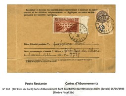 Càd AIX-LES-BAINS / SAVOIE / N° 262 Sur Carte D'abonnement + Timbre Fiscal à 25c. 1933. - TB / SUP. - R. - Sammlungen