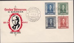 1952. BJÖRNSSON. FDC REYKJAVIK -1. IX. 52.  (Michel 281-284) - JF310248 - Briefe U. Dokumente