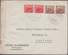 1945. . 2 X 5 Aur + 2 X 25 Aur REYKJAVIK 22. III. 45. To Birmingham, England. OPENED ... (Michel 216) - JF310264 - Lettres & Documents