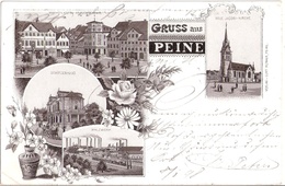 Gruss Aus PEINE Braun Litho Gelaufen 5.1.1898 Markt Walzwerk Schützenhaus Jacobi Kirche - Peine