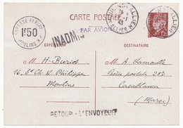 Entier CP 1,20 Pétain Surcharge "Surtaxe Perçue 1F50 Moulins R.P." - Griffes Inadmis Et Retour Envoyeur - 1943 - Cartes Postales Types Et TSC (avant 1995)