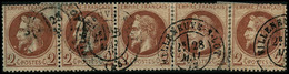 Oblit. N°26b 2c Rouge-brun, Bande De 4 + 1 Boule Blanche Sous Le Cou Sur Ex De Gauche - TB - 1863-1870 Napoleone III Con Gli Allori