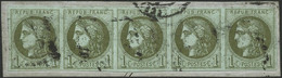 Oblit. N°39Ca 1c Olive-clair R3, (2ème état) Bande De 5 - TB - 1870 Bordeaux Printing