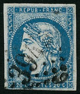 Oblit. N°44A 20c Bleu R1, Type I Infime Pelurage - B - 1870 Uitgave Van Bordeaux