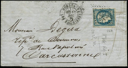 Lettre N°44A 20c Bleu, Type I  R1 Au Départ De Bordeaux Pour Carcassone, Cachet D'arrivée Au Verso 12/12/70 - TB - 1870 Uitgave Van Bordeaux