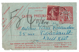 CARTE PNEUMATIQUE CHAPLAIN 40c Avec SEMEUSE 20c EN COMPLEMENT D'AFFRANCHISSEMENT CAD PARIS - Pneumatic Post