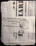 France Journal Politique "le Charentais"  Sous Bande Avec Dateur Type 13 Du 10 Fevrier 1839 + Cachet PP   TTB - Journaux