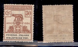 REGNO D'ITALIA - 1924 - Enti Parastatali - 30 Cent Biblioteche Pop. (35) - Gomma Integra (325) - Sonstige & Ohne Zuordnung