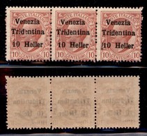 OCCUPAZIONI - TRENTINO - 1918 - 10 Heller Su 10 Cent (29) - Striscia Di 3 Con Spazio Tipografico Prima Di 1 Nel Pezzo Di - Other & Unclassified