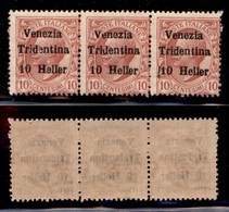 OCCUPAZIONI - TRENTINO - 1918 - 10 Heller Su 10 Cent (29) - Striscia Di 3 Con Spazio Tipografico Prima Di 1 Nel Pezzo Di - Andere & Zonder Classificatie