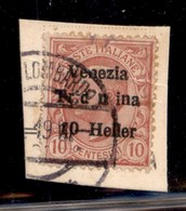 OCCUPAZIONI - TRENTINO - 1918 - 10 Heller Su 10 Cent (29f) - Errore Tr:d N Ina - Usato Su Frammento - Piega Diagonale - Other & Unclassified