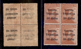 OCCUPAZIONI - TRENTINO - 1918 - 20 Heller Su 20 Cent (30 - Varietà) - Quartina Con Decalco Da Parziale A Capovolto - Gom - Other & Unclassified